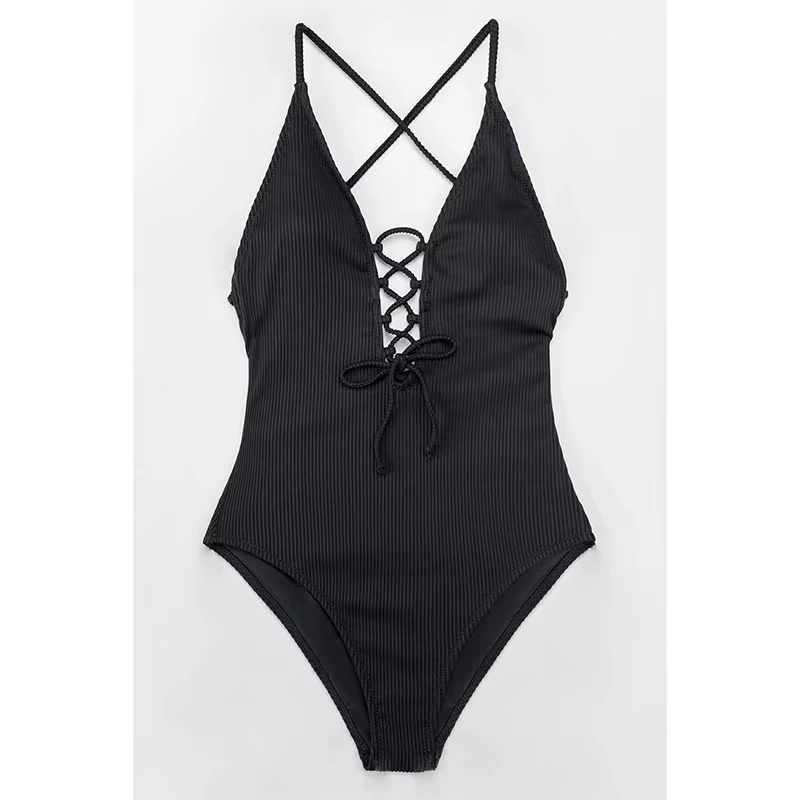 Mode solide une pièce maillot de bain femmes Sexy col en V profond à lacets dos nu maillot de bain é