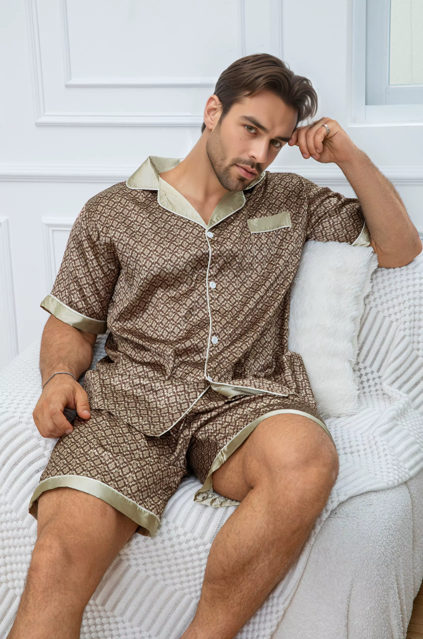 Ensemble de pyjama en satin à imprimé vintage pour homme, chemise à manches courtes boutonnée et sho