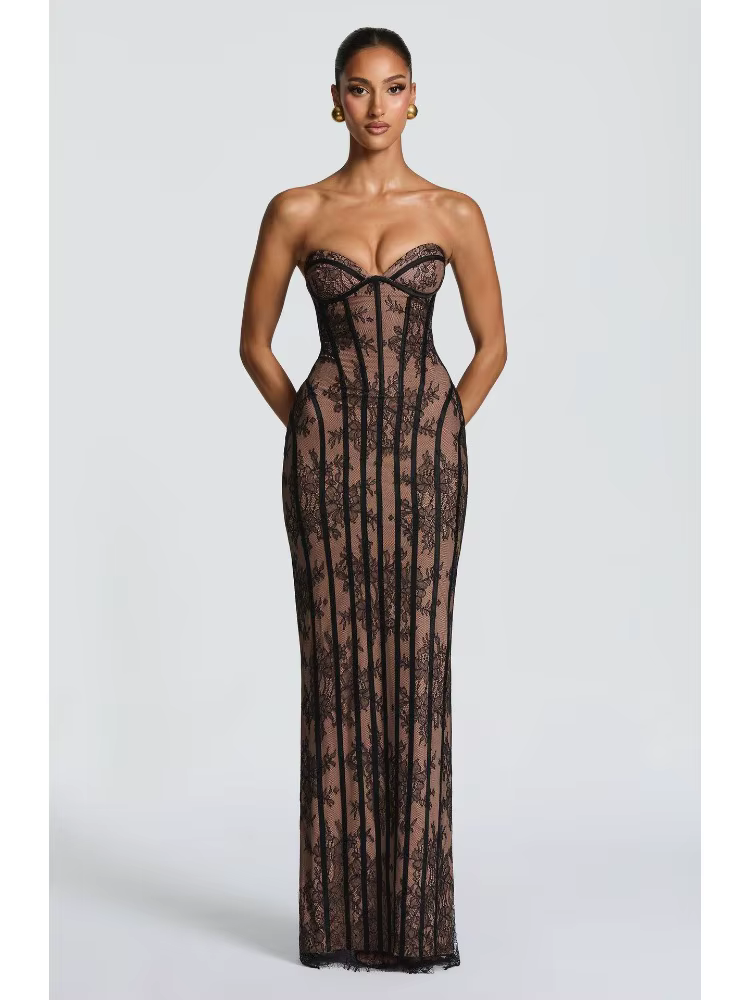 Robe longue moulante en dentelle 2026 avec corset, motif côtelé vertical complexe, coupe ajustée pou