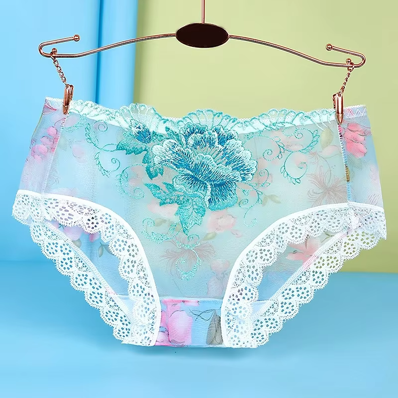 Culotte en dentelle transparente sans couture pour femme, sous-vêtement sexy, broderie de fleurs, do
