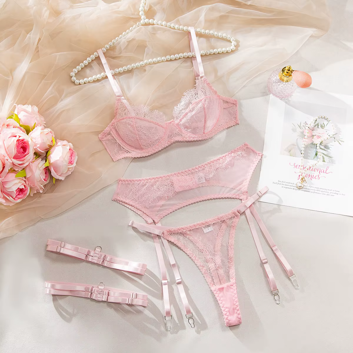 Ensemble de Lingerie Fantaisie Sexy et Élégante 3 Pièces avec Jarretières, Sissy, Couleur Unie, Dent