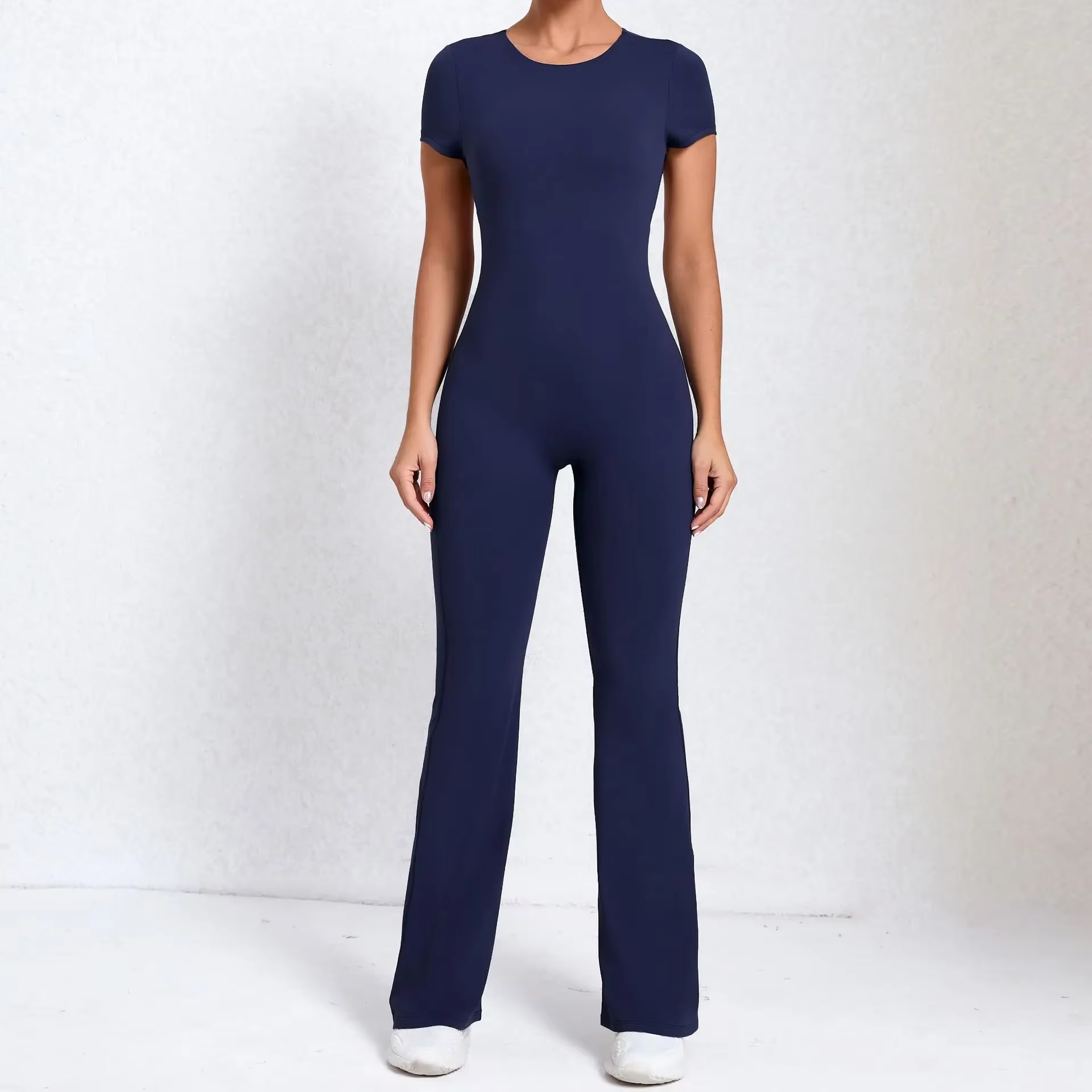 Combinaisons de Yoga moulantes pour femmes, dos nu, manches courtes, Fitness, jambes larges, fesses