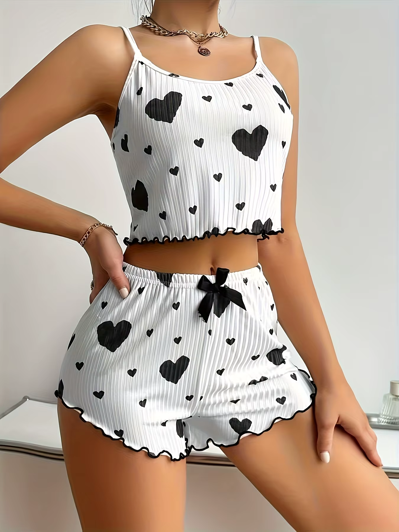 Ensemble de pyjamas 2 pièces pour femmes, vêtements de maison, imprimé cœur, sous-vêtements, pyjamas
