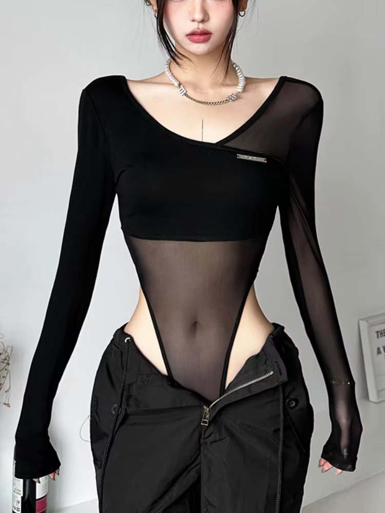Body transparent noir, Lingerie Sexy à manches longues, col en v, une pièce, dos nu, hauts pour femm