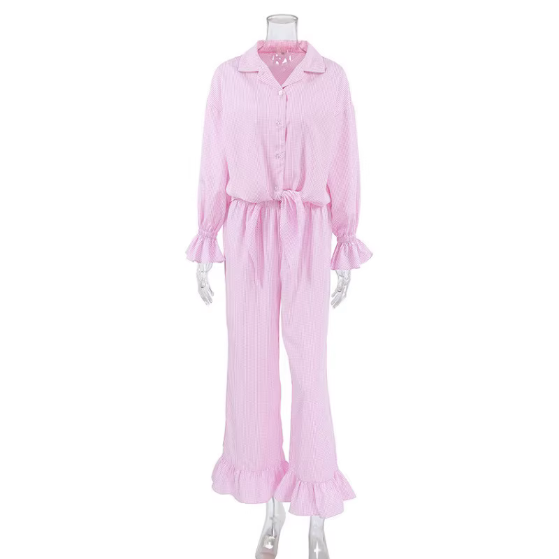 Pyjama rose à carreaux avec volants, chemise à manches longues à revers, pantalon à lacets, ensemble
