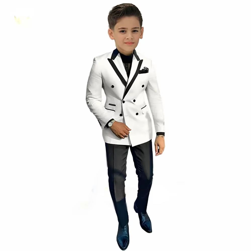 Costumes blancs et beiges pour garçons, 2 pièces, mode de fête, Blazer à Double boutonnage, pantalon