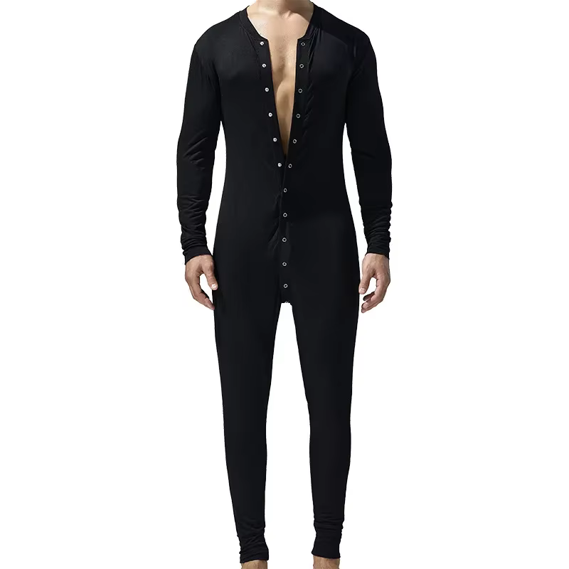 TAUWELL Body une pièce pour hommes à manches longues bouton sur le devant combinaison pyjama ajusté
