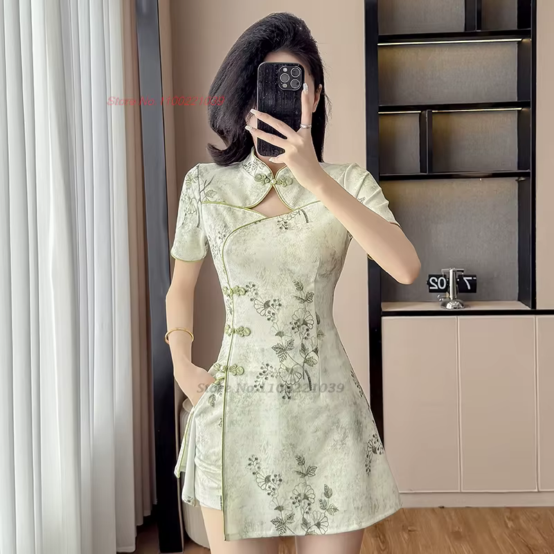 Robe de discothèque chinoise améliorée qipao sexy cheongsam imprimé floral national robe qipao + ens