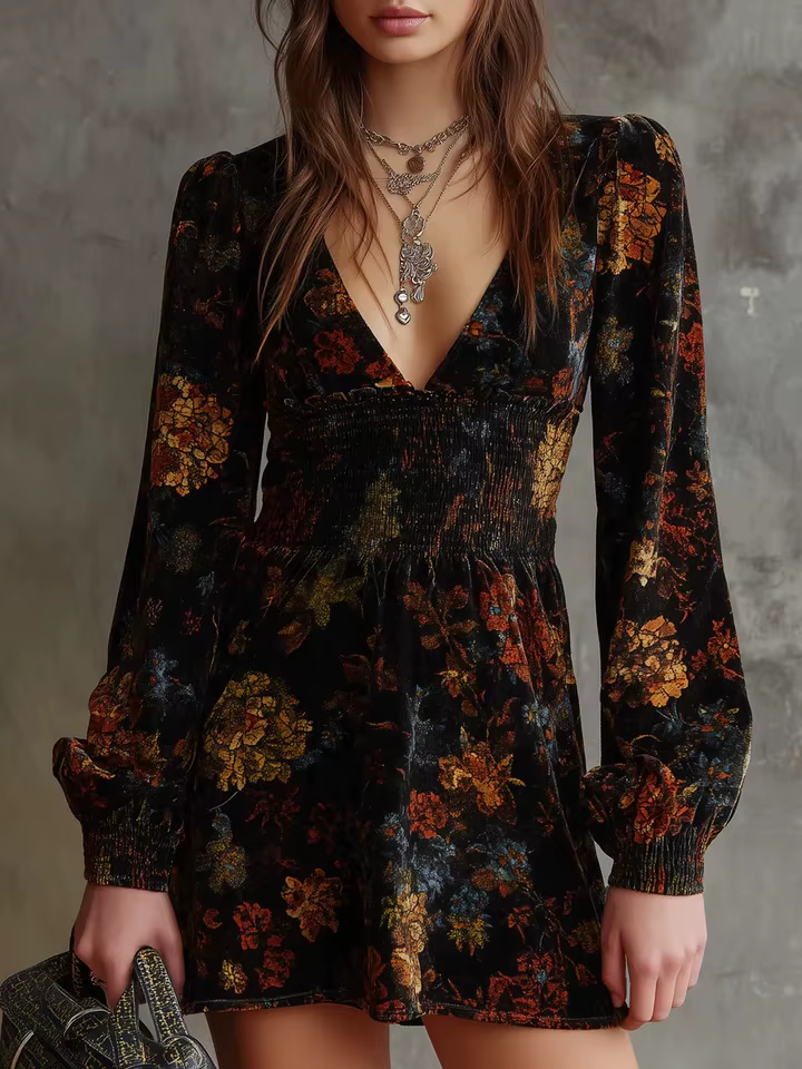 Robe Vintage élégante en velours imprimé Floral, col en v, taille Sexy, manches longues, ligne a, la