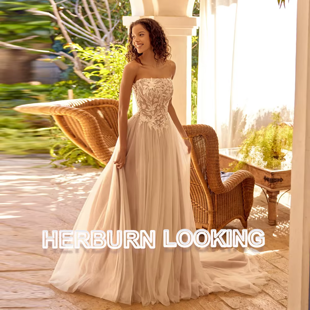 Robes de mariée délicates HERBURN coupe trapèze pour femmes, avec appliques en dentelle, corset sans