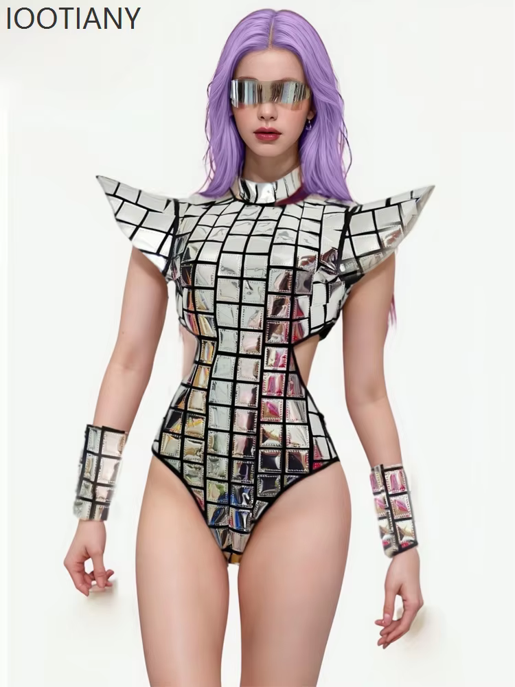 Silver Laser One Sleeve Bodysuit Sexy Hollow Waist Performance Stage Clothes Women Dancer Leotard Ni