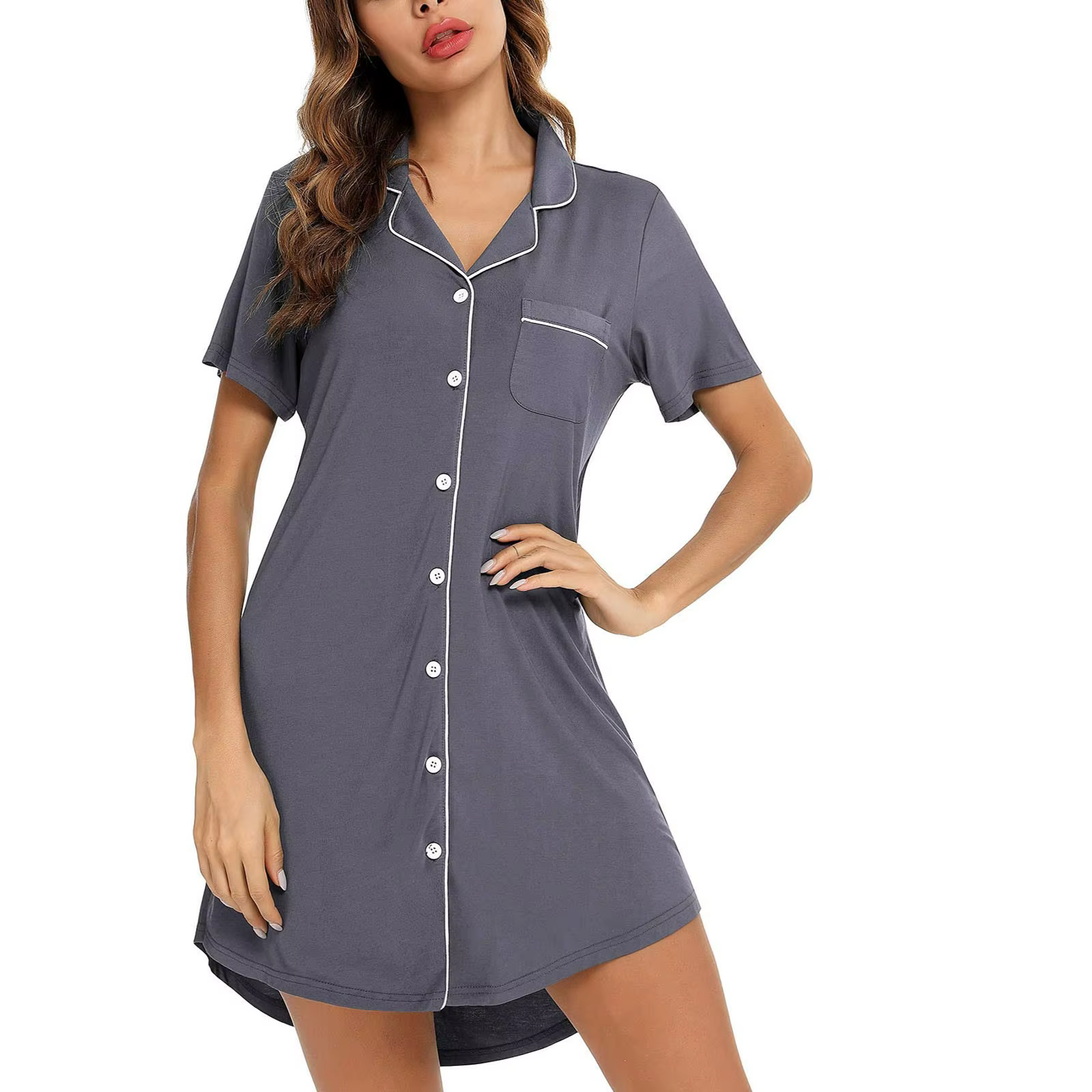 Chemise de nuit boutonnée à manches courtes pour femmes, chemise de nuit monochrome, vêtements de nu