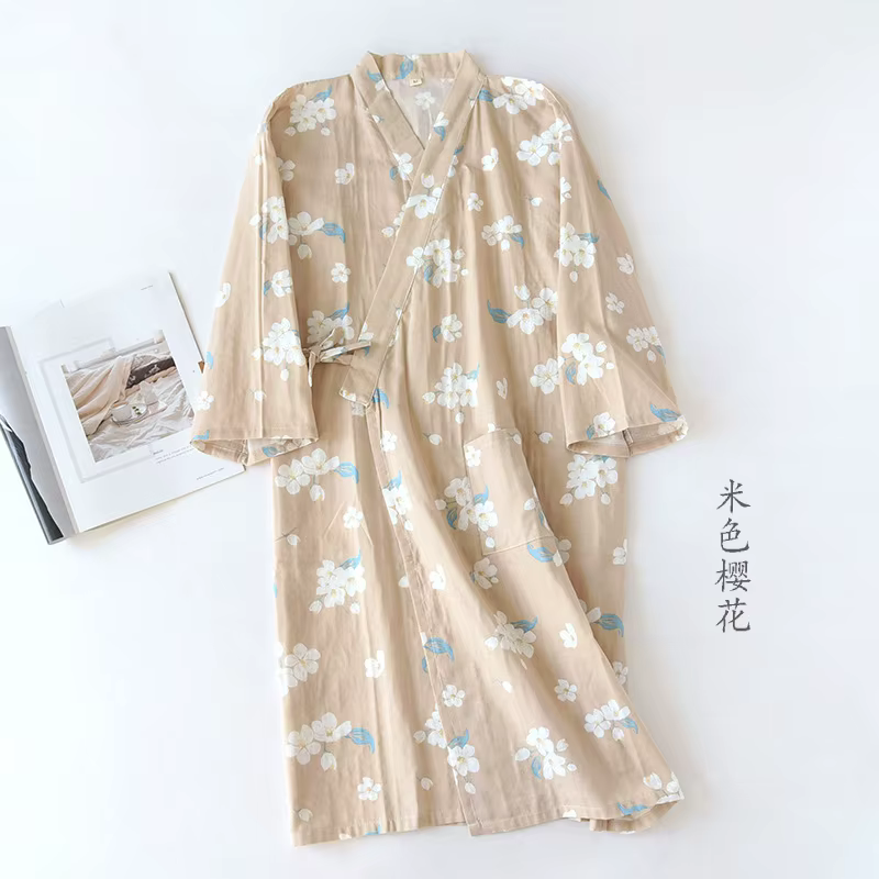 Kimono japonais pour femmes, peignoir, chemise de nuit à manches longues, gaze de coton, mignon, sue