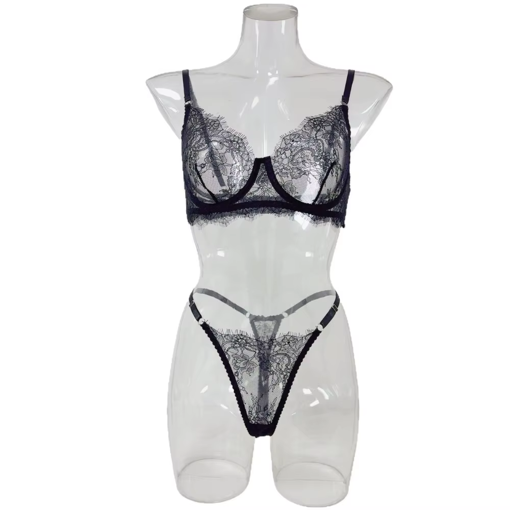 Ensemble de lingerie en dentelle transparente, soutien-gorge sexy et culotte string en dentelle flor