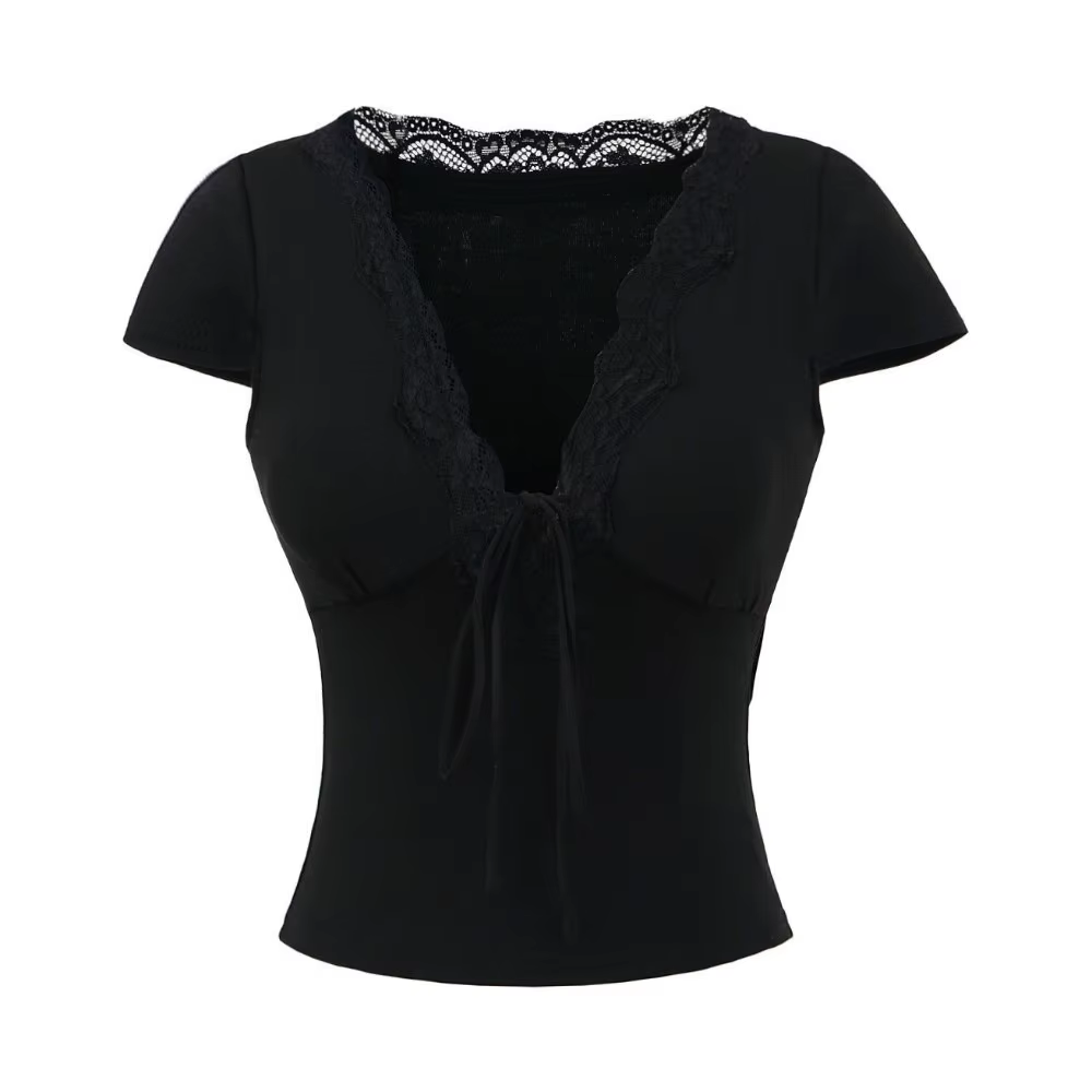 Chic col en V mince culture hauts à manches courtes doux fond T-shirt dentelle élastique Camisole St