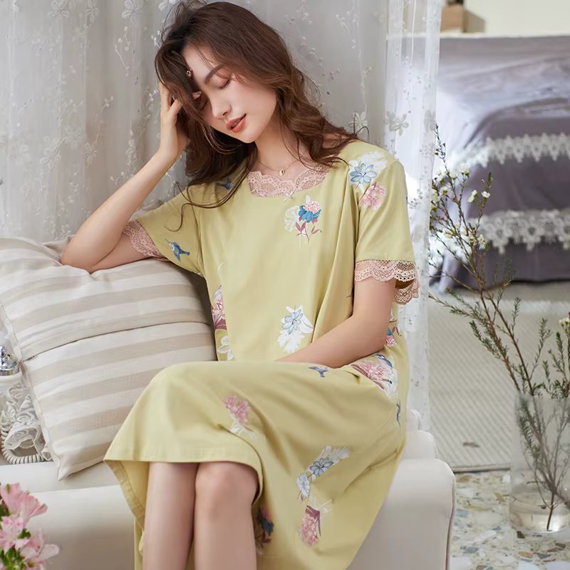 Printemps été à manches courtes femmes chemise de nuit Modal Femme robe de nuit imprimer ample décon