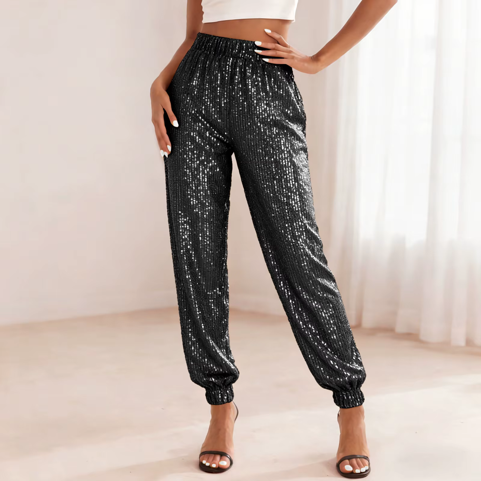 Pantalon scintillant pour femmes, taille haute, paillettes, rue, Hip-Hop, décontracté, fête, Clubwea