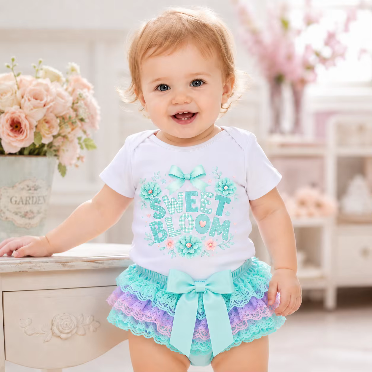 Ensemble floral Sweet Bloom pour bébé fille : body à manches courtes, jupe tutu en dentelle, nœud me