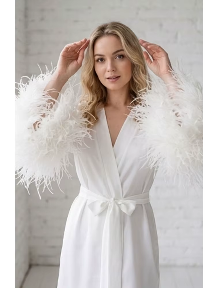 Robe de mariée de luxe en soie avec manches à plumes et sequins, peignoir de boudoir, lingerie de ma