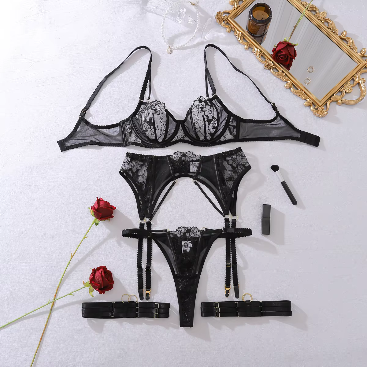 Ellolace Willowy Sexy femme Lingerie intime voir à travers brodé 3PC ensemble avec cercles de jambe