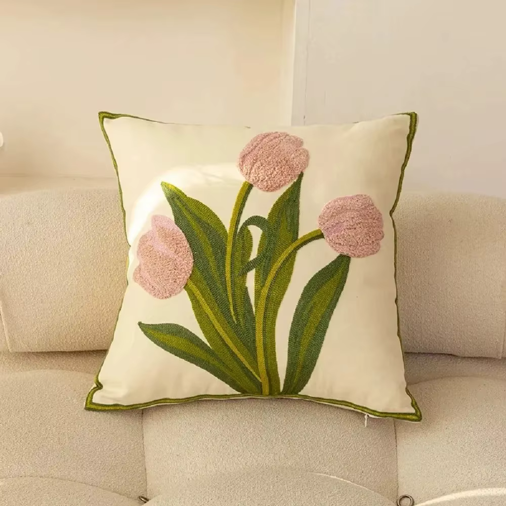 Juste de coussin tulipe brodée en pur coton, taies d'oreiller d'extérieur, décorations de jardin, ma