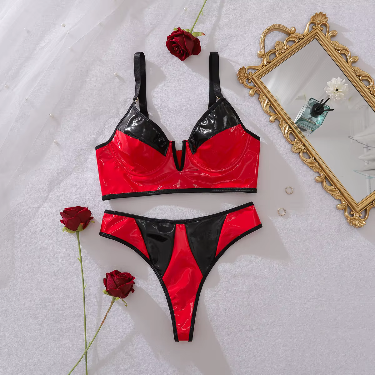 Ellolace – ensemble de lingerie en latex pour femmes, soutien-gorge et string en PU contrastés, sédu