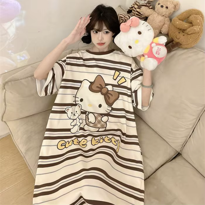 Chemise de nuit coréenne Sanrio d'été à manches courtes pour femme, ample, mi-longue, vêtement de nu