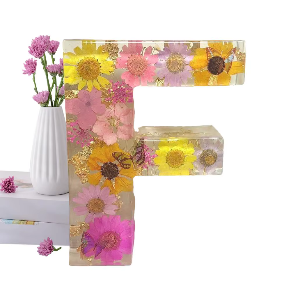 Veilleuse décorative en résine florale avec lettre initiale, lampe de table créative, décoration plo