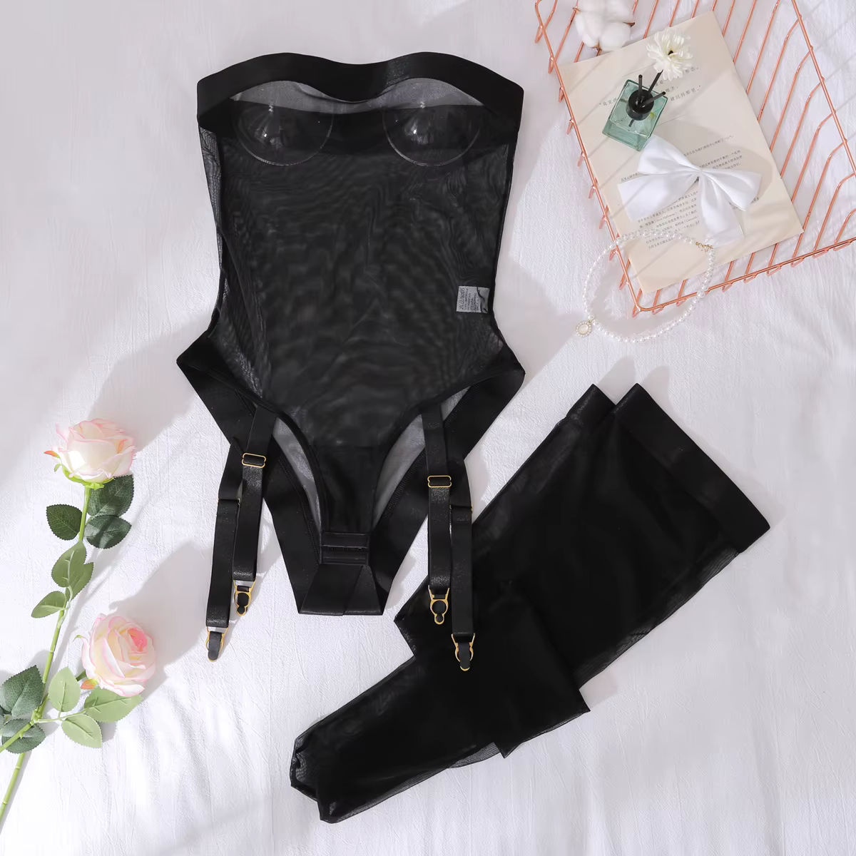 Ellolace Body sexy en résille transparente pour femme adulte, style Sissy, épaules dénudées, entreja