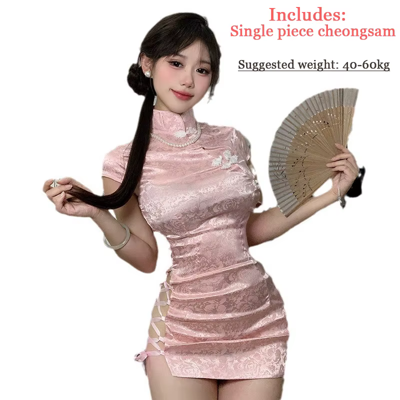 Robe Cheongsam chinoise, Mini Lingerie Sexy, côtés fendus, cordon de serrage, ajustement serré, unif