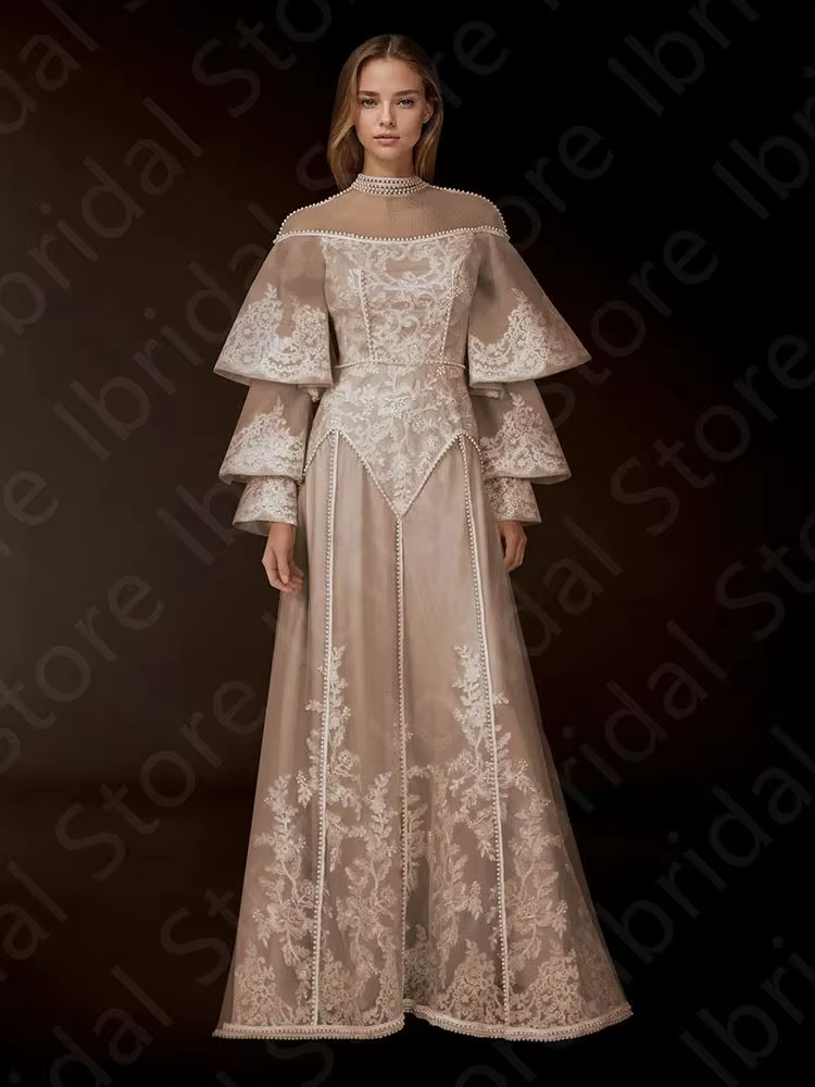 Robe de Soirée Personnalisée en Dentelle, Tenue de Bal Arabe, Unique, Champagne, Manches sulf, Invit