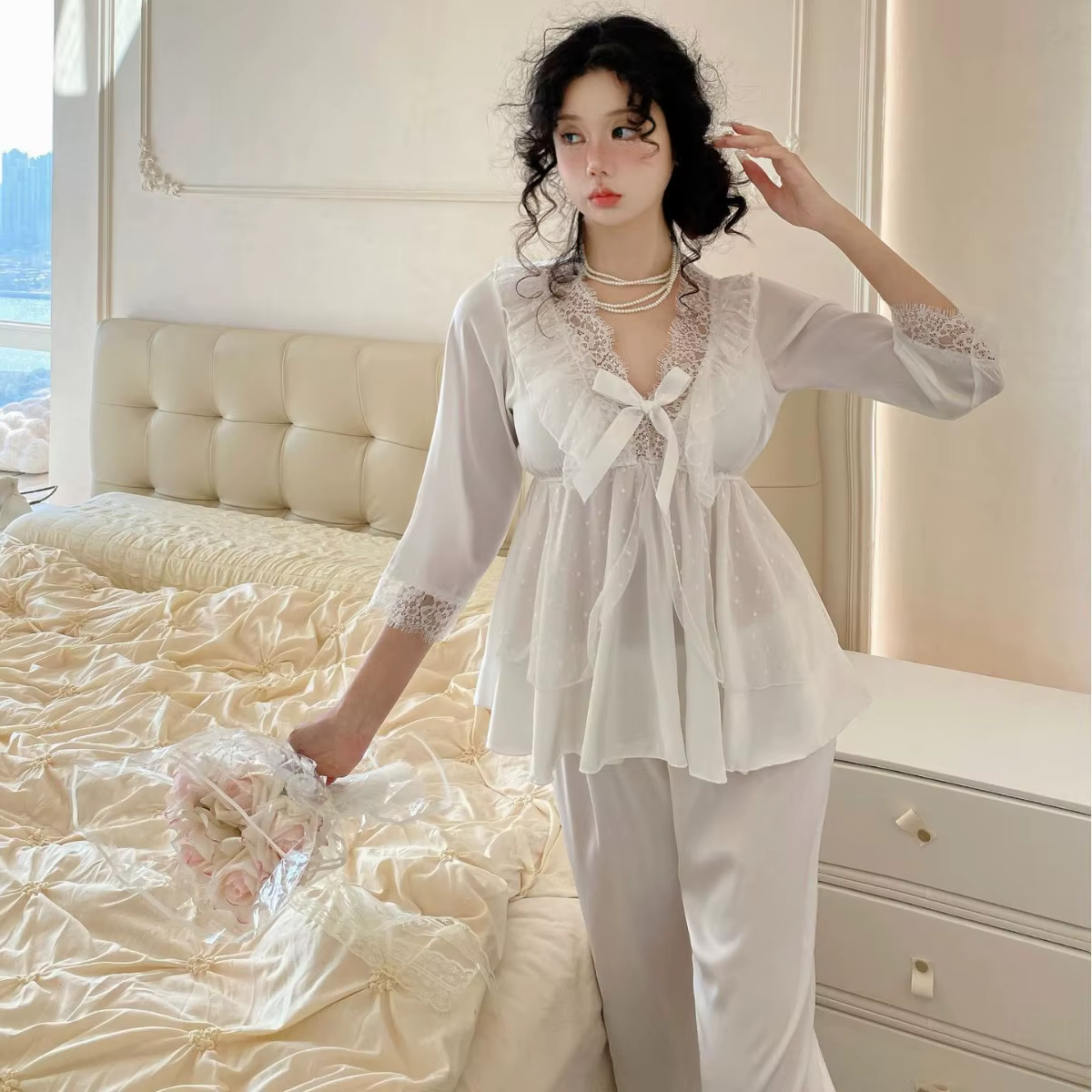 Ensemble pyjama en dentelle à manches longues pour femme, Lingerie printemps-automne, Satin soyeux, 