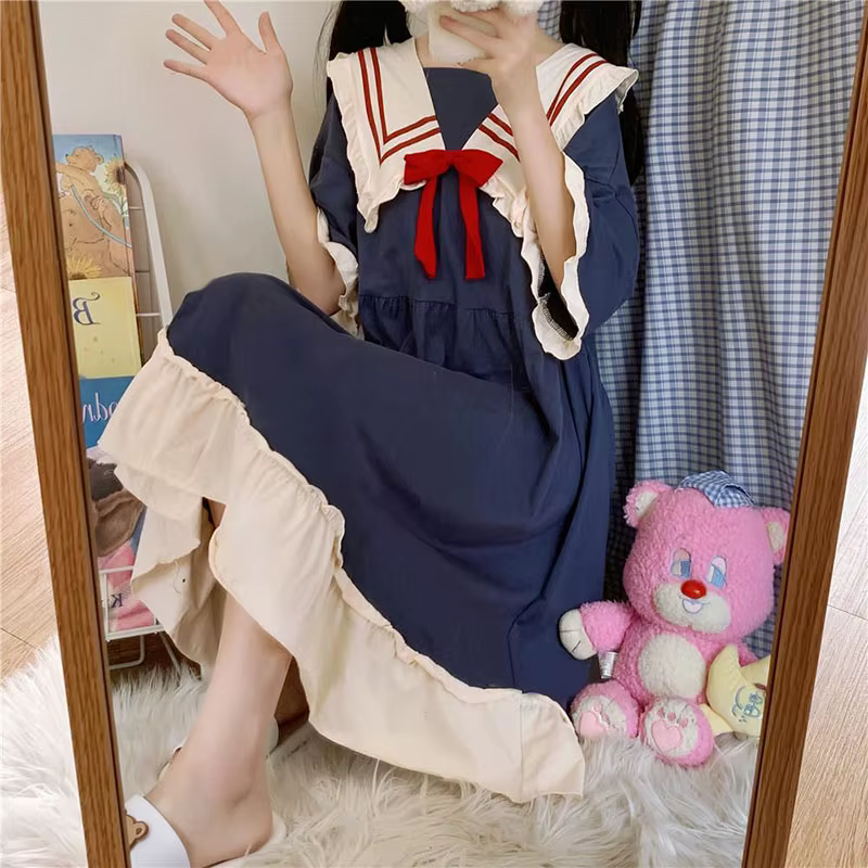 Pyjama Kawaii à manches courtes pour femmes et filles, vêtements d'intérieur doux, robe monochrome,