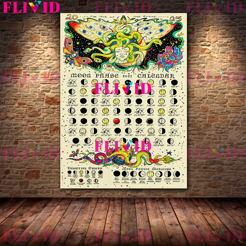 Affiche d'Art Murale Vintage avec Phases de Lune 2025, Calendrier Lunaire 2025, Impression de Cavas,
