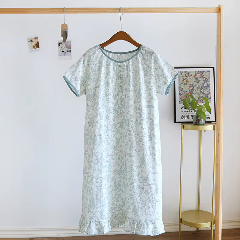 Chemise de nuit pour femme 1 pièce, robe de nuit décontractée en gaze de coton, manches courtes et c