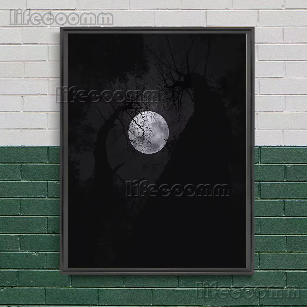 Toile d'art mural solitaire pleine lune, peinture d'arbres anciens avec vignes flétries sous la lune