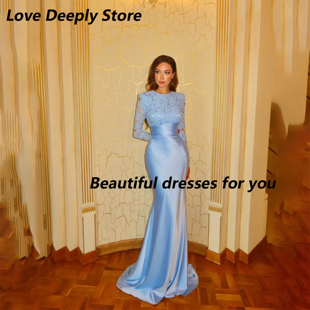 Robes de soirée personnalisées bleu clair en dentelle et satin, manches longues, col rond, coupe sir