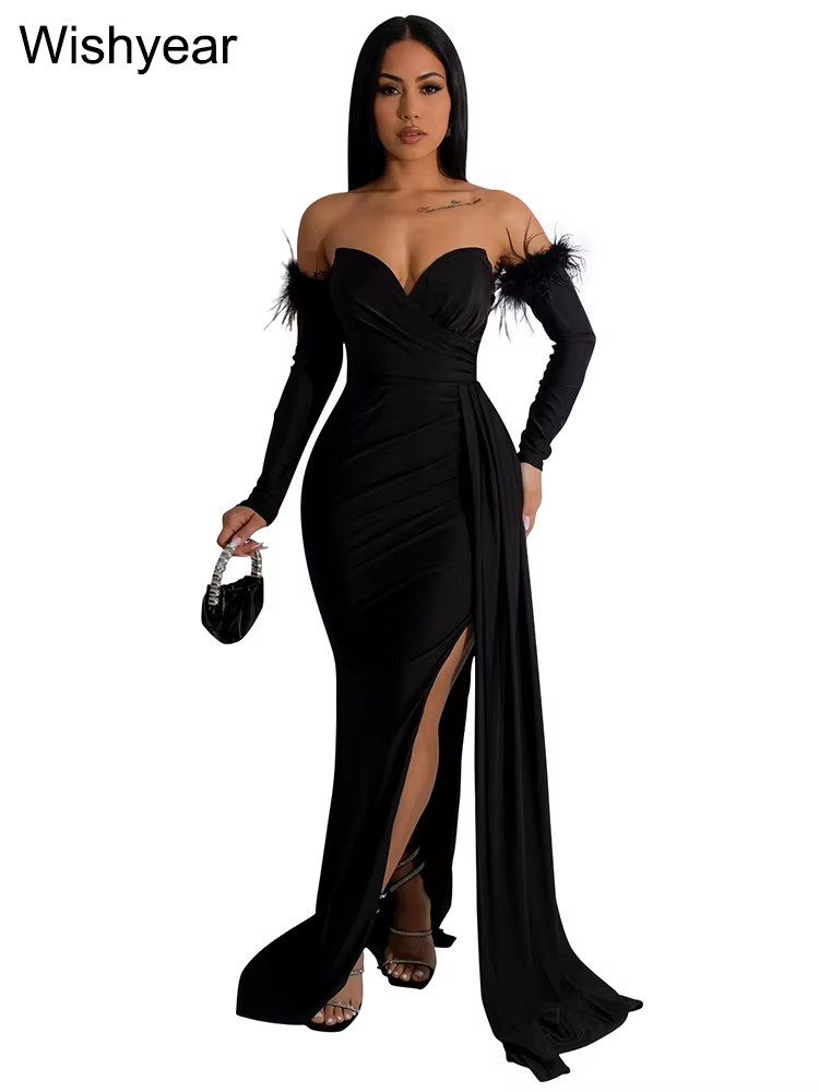 Wishyear-Robe de Soirée Longue et Élégante avec Manches pour Femme, Tenue de Mariage, Noël, Annivers