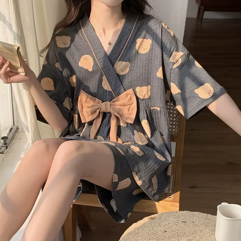 Pyjama en coton pour femmes, kimono japonais, deux pièces, manches courtes, pantalon, ample, Service