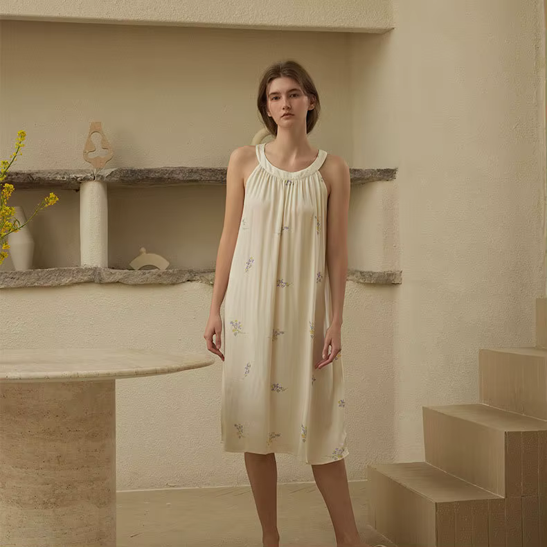 Robe de nuit mi-longue à imprimé doux pour femmes, robe de nuit en coton initiée, vêtements d'intéri