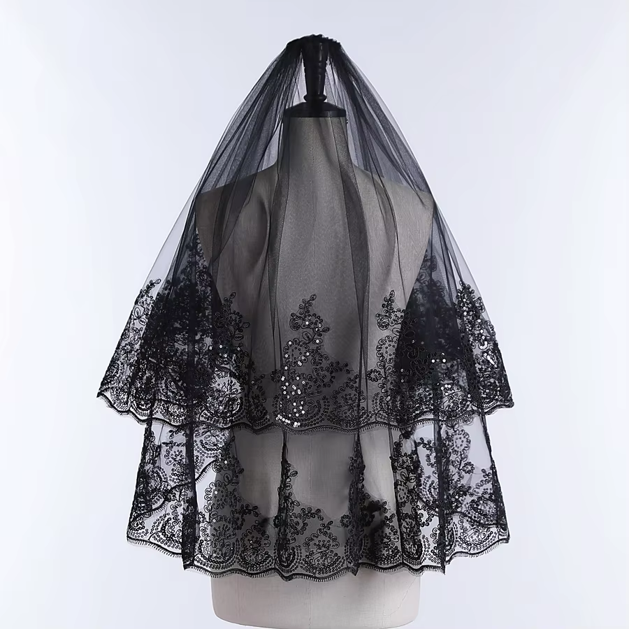 Voile de Mariage à 2 Couches avec Bord Appliqué, Court, en Dentelle Noire, pour Patients, Nouvelle C