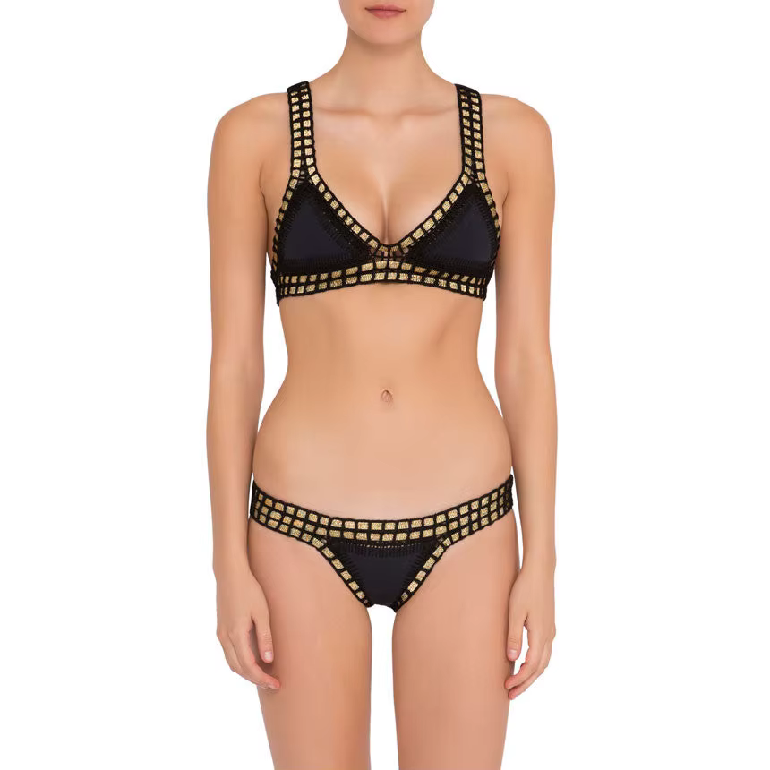 Maillot de bain bikini noir à paillettes fait main au crochet pour jeunes filles, ensemble de bikini