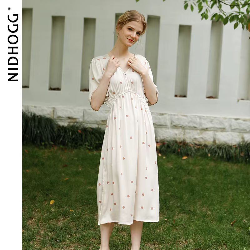 Chemise de nuit en satin nickel é pour femme, robe de nuit à col en V, vêtements de nuit à manches c