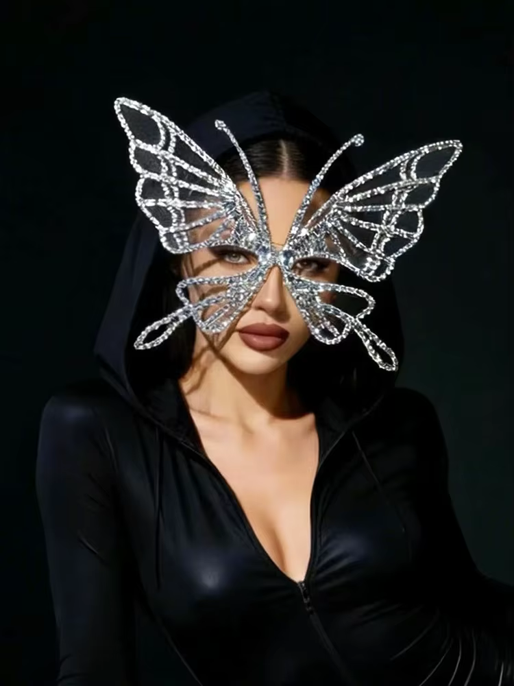 Masque papillon brillant en strass pour fête, boîte de nuit de noël, DJ chanteur, décoration en cris