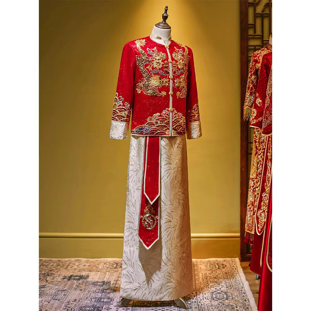Xiuhe-Robe de mariée chinoise pour hommes, robe Tang pour hommes, robe de toast, manteau Hanfu Drago