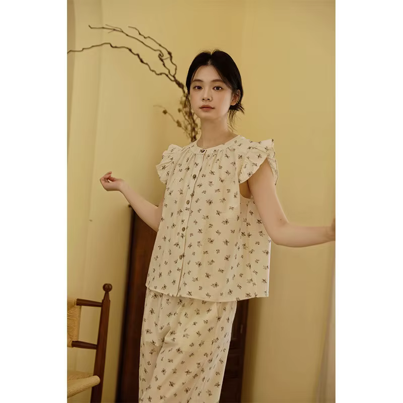 Pyjama en coton et lin respirant pour femme, ensemble de vêtements de nuit d'été avec imprimé cœur m