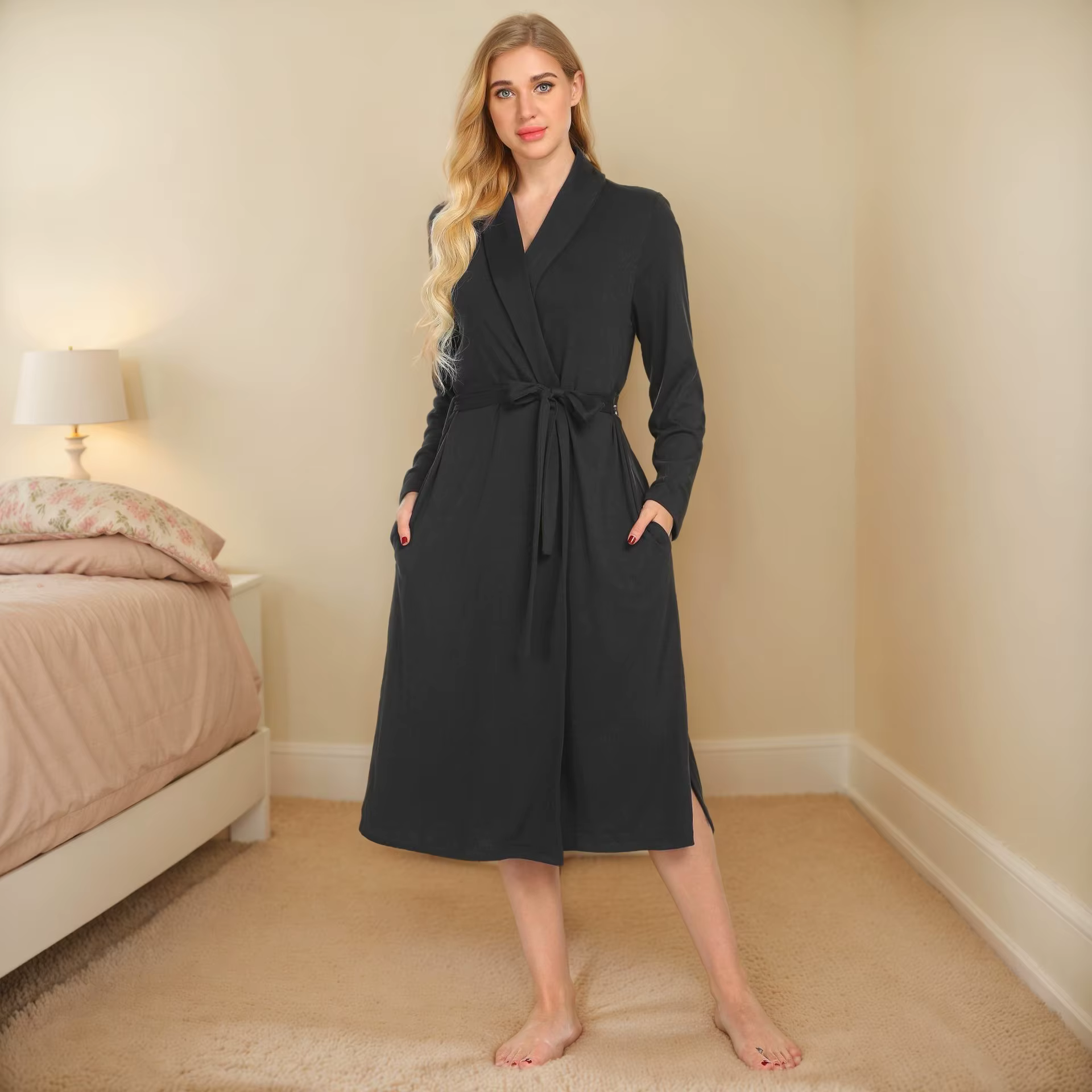 Chemise de nuit à manches longues pour femmes, vêtements de maison, en soie de lait brossé, avec poc