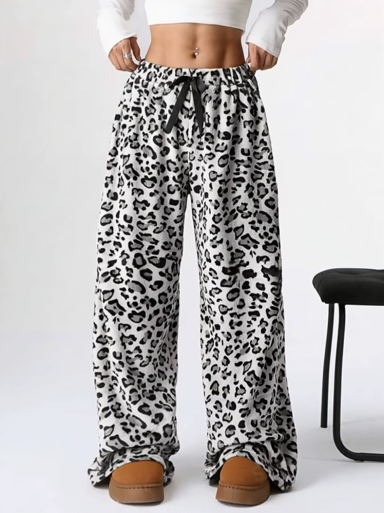 Pantalon de pyjama pour femmes, imprimé léopard, ample, en peluche, blocage de couleur, vêtements po