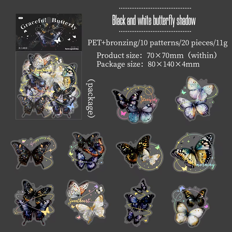 Autocollant en PET plan fleurs de papillon, matériel d'emballage pour manuel, papier décoratif cadea
