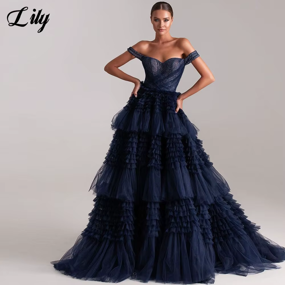 Lily-Robe de soirée chic en filet bleu marine pour femme, robe de Rhà plusieurs niveaux, robes de nu